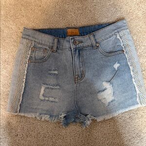 POL Light Blue Distressed Denim Shorts with Embroidered Zigzag Trim
